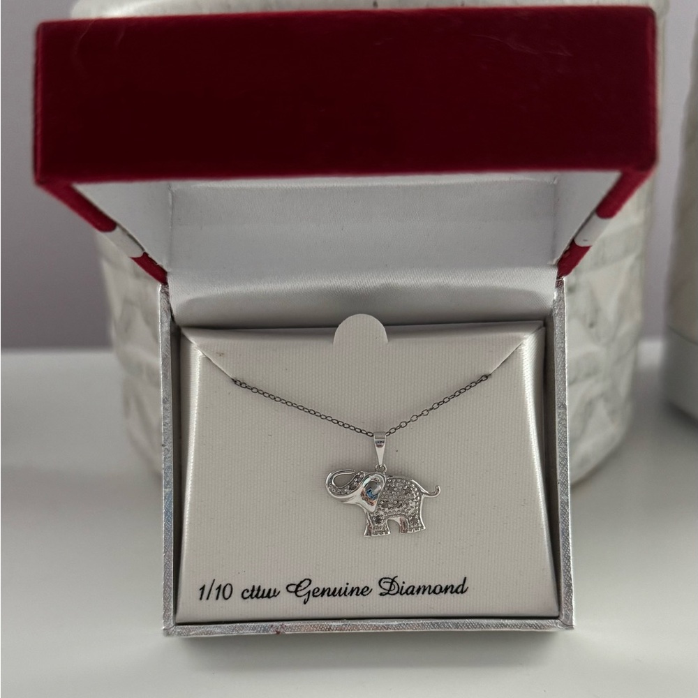 Sterling Silver Elephant Necklace with Genuine Diamond Accent